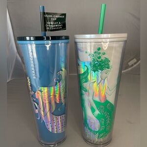 Set of 2 Starbucks Cold Cup Tumbler Venti Mermaid Color 24 oz Acrylic